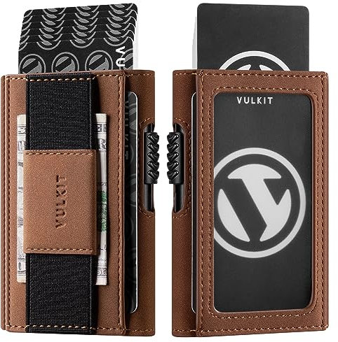 VULKIT Porte Cartes Bancaires Automatique de Pop Up avec Blocage RFID, Petit Portefeuille en Cuir avec Fenêtre d'Identification et Bande de Monnaie ou Porte-clés, Marron