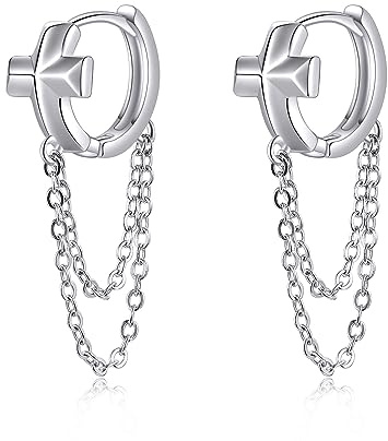 Kreuz Creolen aus Sterlingsilber kleines Kreuz lange Kette Tropfen Huggie Ohrringe für Frauen Mädchen