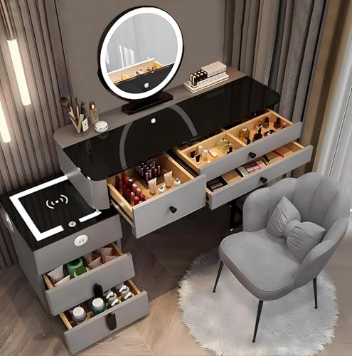 AMZSEW Dressing Table set,Makeup Table with 3 Color LED Mirror,Vanity Table with Drawers and Stool,Vanity Set with Storage Shelves,Bedroom Dressing Tables for Girls (GRAY100CM)