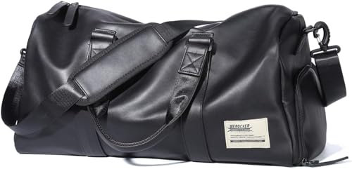 Gym Duffle Bag Large Travel Bags for Men Women Overnight Weekend Bag for Sports Gym Yoga Waterproof PU Leather Carry-on Holdall Bags with Shoes Compartment & Wet Pocket, Schwarz , 19.7*9.8*9.8 in