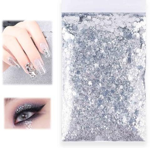 Jasminum 50g Glitzer Zum Basteln Silber,Nägel Glitzer,Glitzerpulver Zum Basteln,Pailletten Glitter Pulver,Kleine Glitzerstückchen,für Festival Dekoration,Nägel Gesicht Kartenbasteln Handwerk