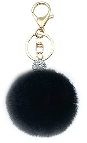 Xsclpomddy Pom Pom Schlüsselbund künstliche weiche Kaninchenhaar Taschenanhänger Ball Silber. Wasserkristall.Schlüsselanhänger für Handtasche Auto Anhänger Dekoration,Black