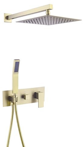 XJTNLB Robinet Douche Encastrable 10 in Carré Mitigeur Bain Douche Poignée Unique Pommeau de Douche Economie Deau Double Fonction,Or Brossé