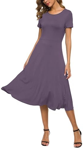 Women's Casual Round Neck Short Sleeve Midi Dress Solid Stretchy Waist Knee Long Dress(L, Greyish Purple)