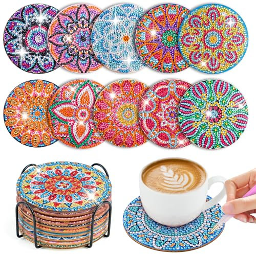 WuGU 10 Pièces Peinture Diamant Dessous de Verre, 10 cm Dessous de Verre en Liège Rond, Mandala sous-Verres Art de Diamant avec Support, Tapis de Tasse Mandala en Bois pour Tasses, Vases, Cadeau-C