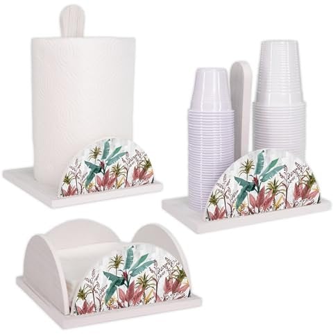 Lupia - Set 3 Pezzi Cucina in Legno White BANANA LEAVES grey: Porta Tovaglioli, Porta Bicchieri, Porta Rotolo, Decorazione Elegante, Adatto a Stili Moderni e Classici, stile foglie banano