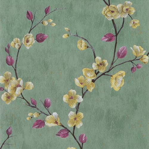 Honcet Self Adhesive Wallpaper Floral, Sticky Back Plastic Patterned Flower 44x300cm, Peel and Stick Wallpaper Green for Wall, Furniture, Living Room Vintage