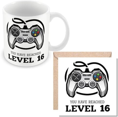 MUGGZ 16th Birthday Gift - Mug & Card - Gamer Level 16 - Giftset - Made in The UK