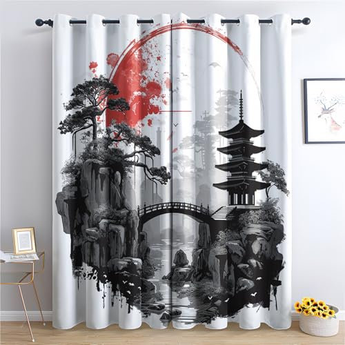Japanische Pagode Vorhang, Landschaft Gardinen mit Ösen 2er Set Verdunkelungsvorhang, Japanisch Vorhänge, Wohnzimmer Schlafzimmer Kinderzimmer Blickdichte vorhänge, 336x229 cm 2u&k-56