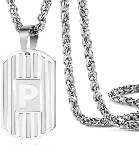Rajputana Initial Halskette für Männer Brief Silber Hundemarke Kette Halskette Anhänger Halskette für Herren Edelstahl Kette für Herren 24 Zoll, Initial P
