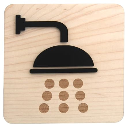 Smile BB- Cartel de Ducha de Madera de Maple y Metacrilato Negro Mate - Señalización de Baño 13,5x13,5 cm con Instalación Adhesiva Fácil - Ideal para Puertas y Paredes Interiores