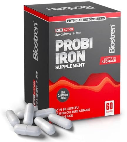 Biostren Probi Iron | 2 in 1 Bio Cultures Complex Plus Iron for Ultimate Gut Health and Hemoglobin Support | Probiotic | Red Blood Cells | Bloat Relief | Digestion | IBS | 60 Capsules