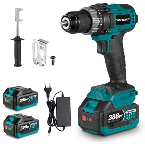 Yofidra 21V Akkuschrauber, 13mm Bohrfutter 2 Geschwindigkeit Akku Bohrschrauber Set mit 2 3.0Ah Akkus, 25+3 Drehmomentstufen, 80N.m Max Schlagbohrschrauber, LED-Licht, für Haus und Garten DIY Projekt