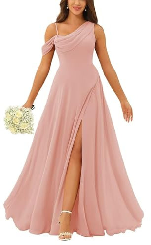 HPPEE Robe de demoiselle d'honneur longue froncée en mousseline de soie pour femme, rose, 42