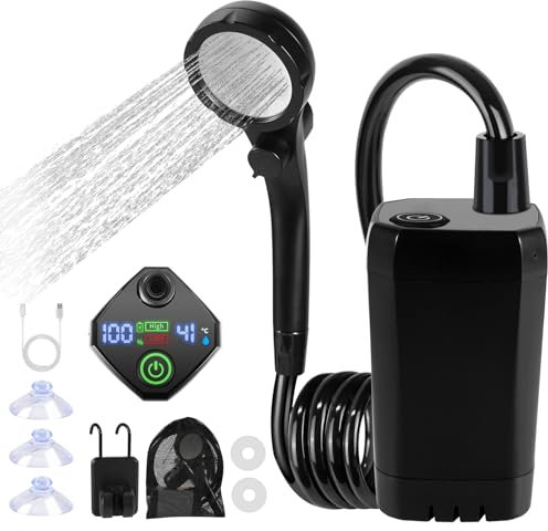 Toemics Portable Camping Shower with 6000mAh Rechargeable Battery and LED Display, Electric Water Pump Waterproof Outdoor Travel Shower Kit for Hiking, Car, Pet, Dog (Black)