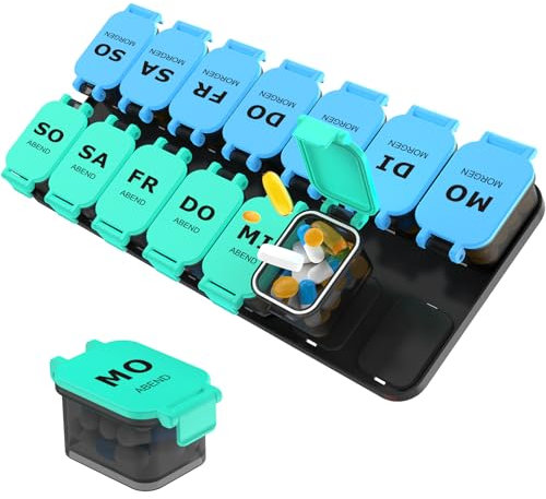 Tablettenbox 7 Tage Morgens Abends, Abnehmbar Extra Große Pillendose 7 Tage 2 Fächer Medikamentenbox 7 Tage für Vitamine, Nahrungsergmcänzungsmittel, XL Medikamenten Organizer Tablettenbox 14 Tage