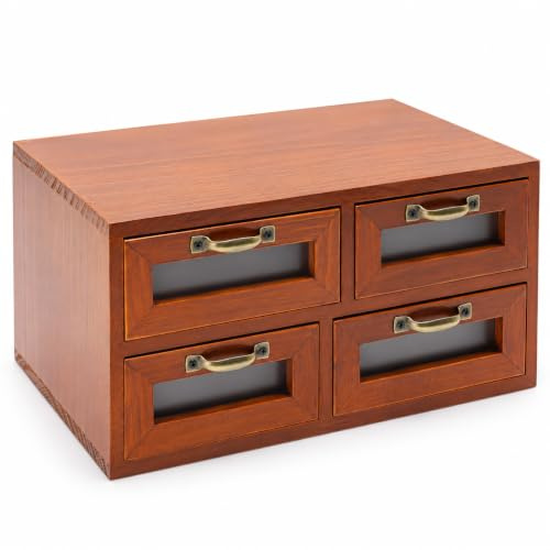 TaNeHaKi Schubladenbox Holz 4 Schubladen Schreibtisch Organizer Vintage | Massivholz, Aufbewahrungsbox für Schmuck und Bürobedarf, Eisengriffe, Schlafzimmer, 30x18x15cm, montagefrei