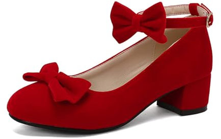 Rock88 Chaussures à Talons Bas pour Femmes avec Nœud Papillon,Escarpins avec Bride à la Cheville,Talons à Bout Rond pour la Fête et la Danse,Red,46
