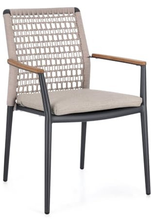 Bizzotto Stuhl mit Armlehnen und Kissen MADDOX natur / anthrazit aus Aluminium, Armlehnen mit Teak-Einsätzen, für Garten und Wintergarten