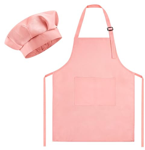 Morcheiong Juego de gorro y delantal de chef para niños, ajustable, color rosa claro, con 2 bolsillos grandes para cocina, pintura y horneado
