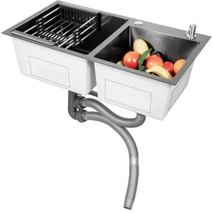 2 Becken Küchenspüle, 78X43X22.5CM Doppelte Schüssel Spülbecken Edelstahl Eckig Hausspüle Doppelspüle mit Seifenspender, Abflusskorb und Abflussrohre