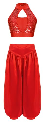 Manyakai Kinder Mädchen Bauchtanz Kostüm Tanztop Pailletten Crop Top mit Pumphose Orientalisch Indische Tanzkleidung Hip Hop Kleidung Rot 170