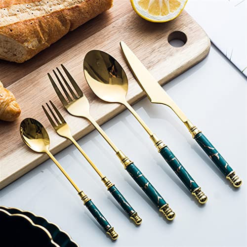 Flatware Sets 20PCS Gold Stainless Steel Cutlery Set Tableware Set Emerald Marble Ceramic Handle Knife Fork Spoon Dinner Set Dessert Flatware Stainless Steel(Green 20pcs) (Marble，Green，Gold)