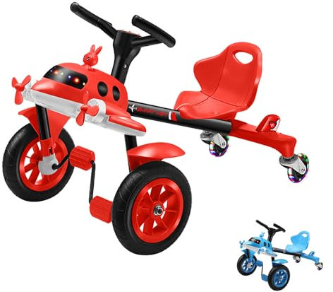 OOFAYJIA Kinder Pedal Drifter Gokart, Tretfahrzeug für Kinder 3-6 Jahren, Kinderfahrzeug Kettcar mit verstellbarem Sitz, Musik und farbenfrohe Lichter,Rot