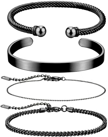 JeweBella 4 Stück Armband Herren Silber/Gold/Schwarz Edelstahl Offene Manschette Armband Kette Armband Set Stapelbare Armreif Herren Schmuck