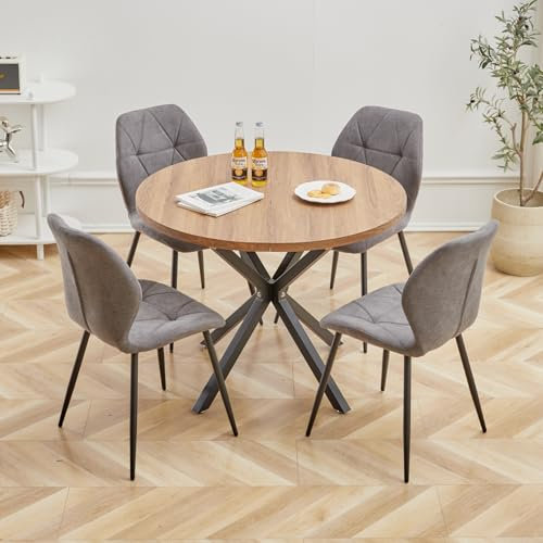 GrandCA HOME Ensemble Table et Chaises à Manger, Table à Manger Ronde de 100 cm et 4 Chaises en Lin Modernes, pour Salle à Manger, Cuisine, Salon (Foncé +Gris Foncé)