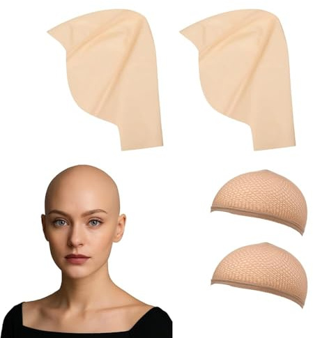 4 PCS Glatzenkappe, 2 Stück Latex Glatzkappe mit 2 Perückennetzen, Realistische Glatze für Cosplay, Theater und Halloween, Kopfumfang 58 cm