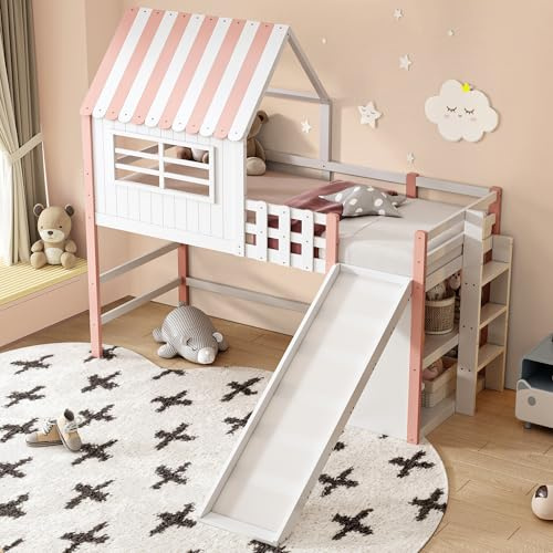 Wyibwy Letto a soppalco per bambini 90x200cm,con scaletta di sicurezza e scivolo di sicurezza,Letto a castello con vani portaoggetti multilivello,letto in legno massello con finestre e tetto,Rosa