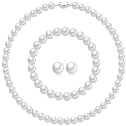 AOWVUTS Perlenkette Set Süßwasser-Zuchtperlen Weiße Runde Sterling Silber Perlen Halskette Armband Ohrringe Schmuck Sets Choker Perlenkette Set für Damen Brautjungfer Hochzeit mit Geschenkbox
