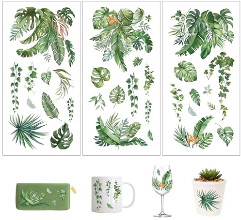 Joeyan 3 Stück Rub on Sticker,Transferaufkleber für Basteln und Möbel Deko | Grün Pflanzen Palmblätter Aufkleber für Gläser,Holz,Metall,Porzellan,DIY Fotoalbum Scrapbooking Handarbeiten,15 x 30 cm