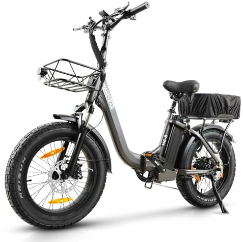 HANEVEAR Elektrofahrrad E Bike Klapprad mit 24Ah/48V Lithium-Akku | bis zu 140km, Fatbike Ebike mit Hydraulische Bremse, 250W 65Nm Heckmotor, Elektrofahrrad für Erwachsene (Grau mit Korb)