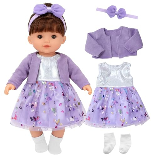 Linzerry 4 teilig Puppe Puppenkleidung 16-18 Zoll Puppenzubehör Lila Kleidung Puppenkleider Mädchen Puppe Mantel Puppen Kleider Socken Puppensachen für 34-45 cm Baby Puppe Geschenk Kinder