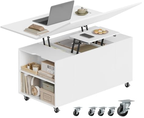 WOLTU Couchtisch höhenverstellbar, Wohnzimmertisch mit Rollen | Hebeplatte Schublade,verwandelt sich in einen Schreibtisch oder Esstisch,offener und versteckter Stauraum,für Wohnzimmer,Weiß