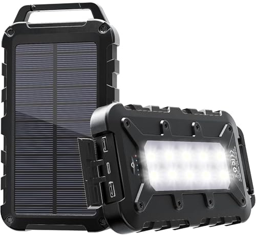 TOENNESEN Solar Powerbank 10000mAh, PD 22,5W, Tragbares Solar Ladegerät | Wasserdichtes USB C Externer Akku mit 3 Outputs, Power Bank für Smartphones, Tablets und mehr, Tiefschwarz