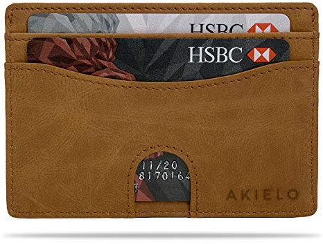 AKIELO Minimalist RFID Blocking Card Holder and Gift Box – Mens Credit Card Wallet – Compact and Slim Wallet (Echo - Tan Edition)