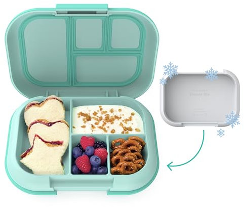 Bentgo Kids Chill - Lonchera a prueba de fugas – Incluye bolsa de hielo reutilizable que mantiene la comida fría; contenedor Bento de 4 compartimentos; apto para microondas y lavavajillas (aguamarina)