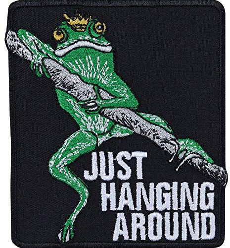 Froschkönig Aufnäher Just hanging around Frosch Aufbügler/Patch zum annähen | Kletter Chiller Bügelbild Paraglider Geschenk Applikation für alle Stoffe | 80x90mm