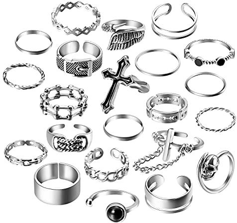 PANTIDE Vintage Punk Rings Set Gothic Knuckle Midi Rings Adjustable Alloy Chain Belt Cross Stackable Finger Half Open Rings Fashion Joint Jewelry for Women Men (Silver) 22Pcs