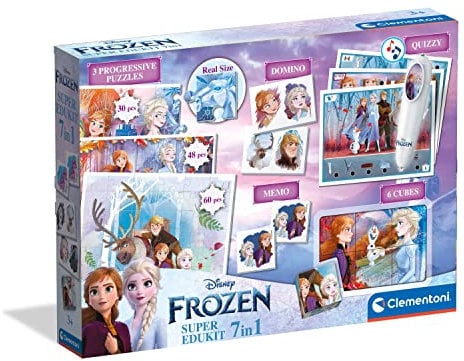 Clementoni Disney Die Eiskönigin 7-in-1 Set (Memory, 3 Puzzles, Domino, 12 Quiz-Karten & 6 Würfel) - pädagogische Spiele für Kinder - Memory und Logik-Spiel 18110