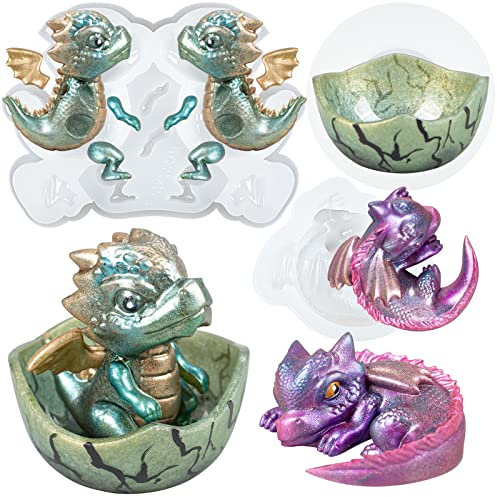 Molde de silicona con forma de dragón durmiendo y deslizándose en el huevo de bebé dragón para resina epoxi fondant yeso