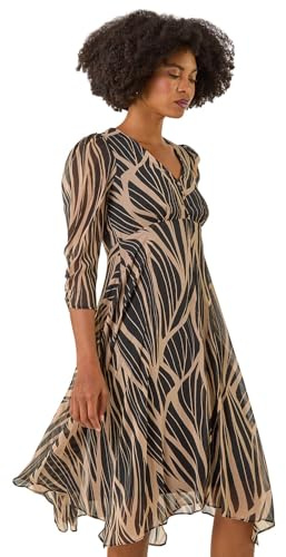 Roman Originals Abstract Print Wrap Midi Dress for Women UK - Ladies Everyday Holiday Autumn Winter Pull-On V-Neck 3/4 Sleeves Comfy Soft Vacation Work - Black - Size 20