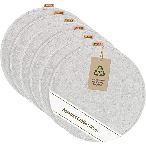 Miqio Design Sitzkissen Rund aus Filz mit Antirutschnoppen | Nachhaltig aus recycelten PET Flaschen | ø40 cm | 6er-Set | Waschbare Stuhlkissen rutschfest | Sitzauflage für Bank und Stuhl | Hellgrau