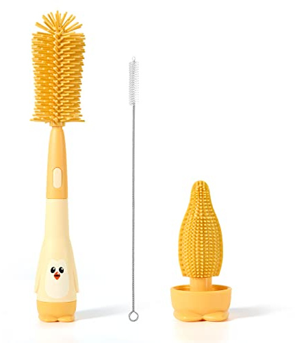 3 en 1 Silicone Goupillon Biberon, Goupillon Gourde Compact et Debout, Multifonction Brosse Biberon pour Biberon, Bebe Gourdes, Tetine, Paille