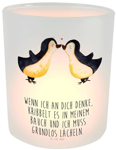 Mr. & Mrs. Panda Kerze Pinguine Kuss - Geschenk, Partner, Geschenk für Partner, Freundin, Windlicht Kerze, Teelichthalter, Windlicht Glas, für