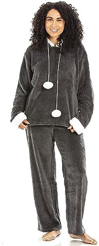 Camille Women's 2 Piece Super Soft Pyjama Set - Thick Luxury Fleece Full Length PJ Set -Long Sleeved with Elasticated Waist & Sherpa Lined Hood Charcoal 18-20