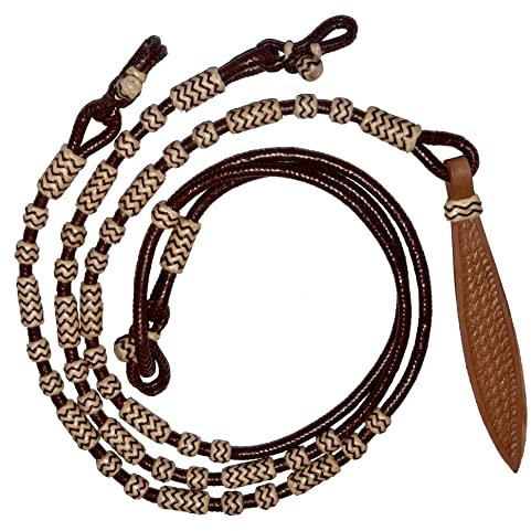 WeavingCraft Roper Zügel mit natürlichen braunen Knoten, rohes Leder, handgeflochten, Romal Romel Zügel, handgefertigt, 2,5 m Zügel, 1,5 m Romel